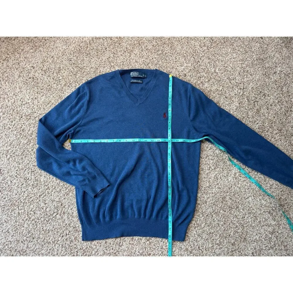 POLO RALPH LAUREN 100% PIMA Cotton sweater, Men's LG; V neck; Long sleeves; Blue